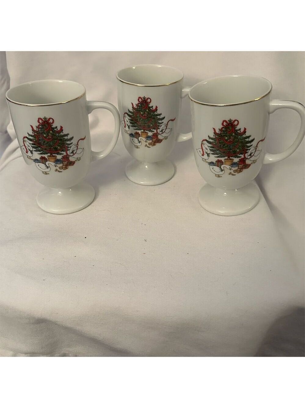 Mount Clemens Vintage Christmas Tree Footed Coffee Mugs Set of 3